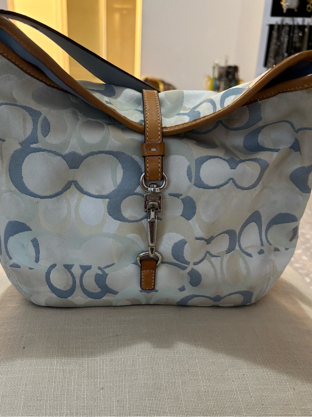 Coach Light Blue & White Signature Shoulder Bag with Tan Trim - Picture 2 of 9